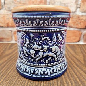 Vintage Marzi & Remy German Stoneware Tobacco Jar Humidor Cobalt Blue Relief